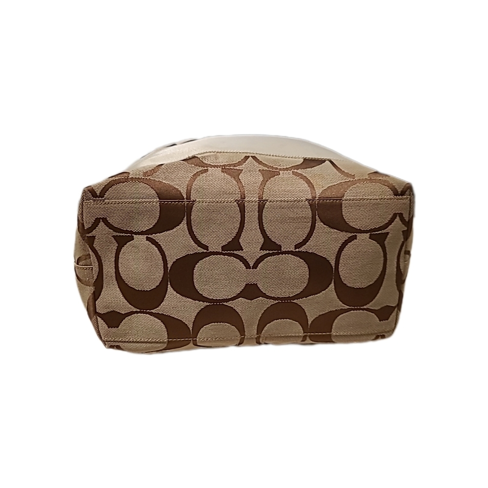 COACH Signature Khakie/Brown Ivory Leather Trimed Tote Shoulder Bag 10125 GUC - Picture 3 of 11